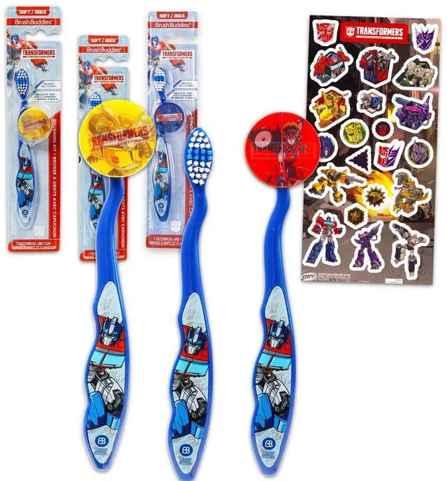 Main image of Toothbrush Kit for Kids - Bundle with 3 Optimus Prime Toothbrushes with Collectible Caps Plus Stickers for Kids, Boys, Toddlers | Toothbrush Set
