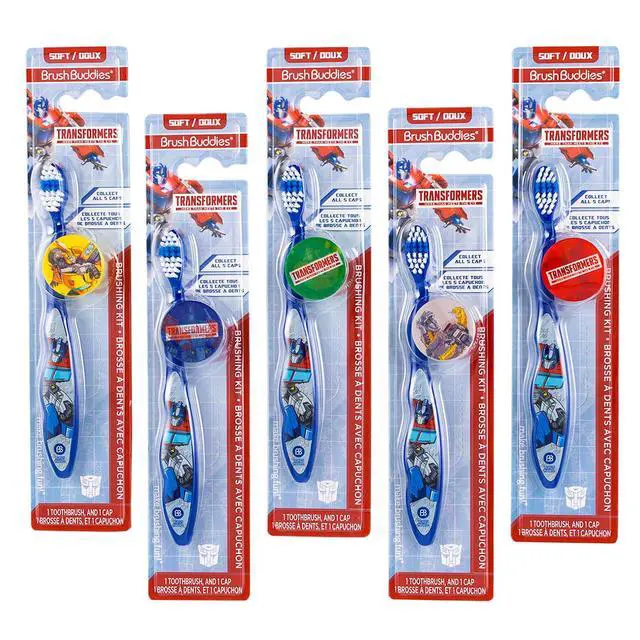 Alt view image 2 of 4 - Toothbrush Kit for Kids - Bundle with 3 Optimus Prime Toothbrushes with Collectible Caps Plus Stickers for Kids, Boys, Toddlers | Toothbrush Set