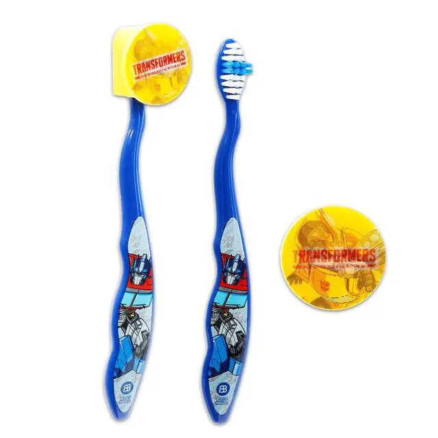 Alt view image 3 of 4 - Toothbrush Kit for Kids - Bundle with 3 Optimus Prime Toothbrushes with Collectible Caps Plus Stickers for Kids, Boys, Toddlers | Toothbrush Set