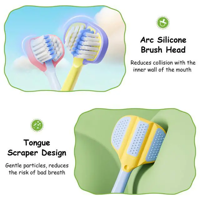 Alt view image 6 of 7 - Toddler Toothbrush 4 Pack, Soft Baby Toothbrush Efficient 3 Sided Kids Tooth Brush for Ages 1-12 Years, Infant Training Tooth Brush Complete Tooth and Gum Care, Easy to Grip(Patent)