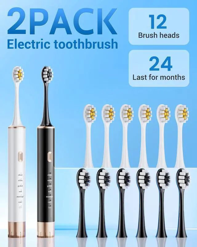 Alt view image 7 of 7 - Sonic 2 Pack Electric Toothbrush for Adults and Kids, Travel Toothbrush Includes 12 Replacement Toothbrush Heads, 6 Modes with 2 MIN Smart Timer (Black White)