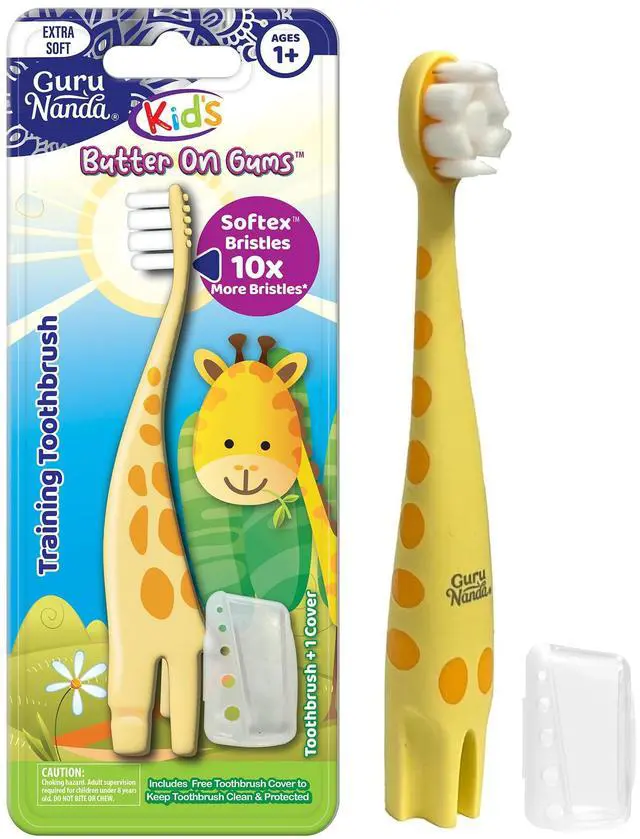 Main image of Kids Butter On Gums Cute Giraffe Toothbrush with Tongue Scraper & Cover - Super Soft Bristles for Gentle Cleaning -Ergonomic Handle (Age 1+)