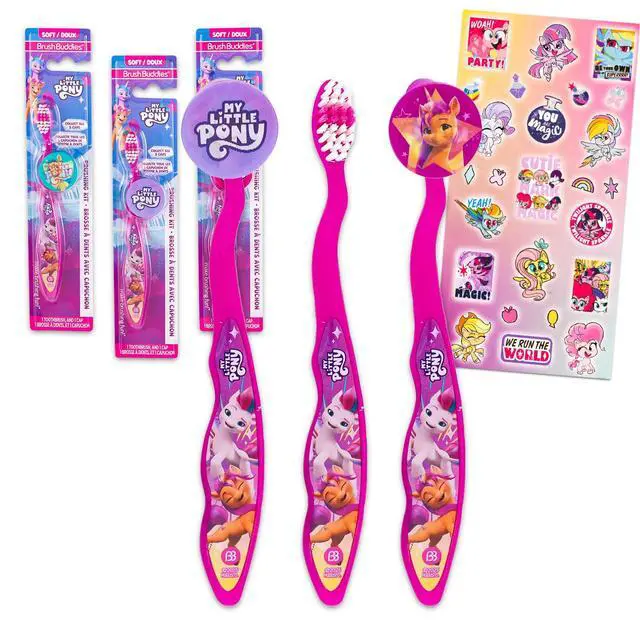 Main image of Toothbrush Kit for Kids - Bundle with 3 MLP Toothbrushes with Collectible Caps Plus Stickers for Kids, Girls, Toddlers | Toothbrush Set