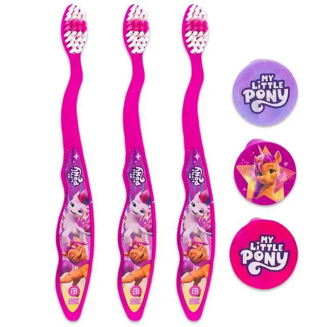 Alt view image 2 of 3 - Toothbrush Kit for Kids - Bundle with 3 MLP Toothbrushes with Collectible Caps Plus Stickers for Kids, Girls, Toddlers | Toothbrush Set
