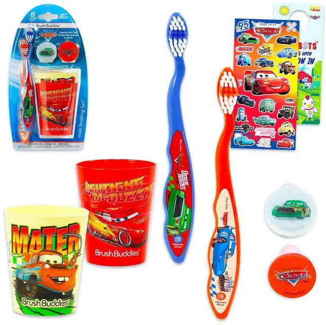 Main image of Cars Toothbrush and Cup Travel Kit for Kids - Bundle with 2 Toothbrushes, 2 Rinsing Cups, 2 Covers, Stickers, and More for Boys, Toddlers | Lightning McQueen Toothbrush Set