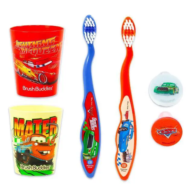 Alt view image 2 of 4 - Cars Toothbrush and Cup Travel Kit for Kids - Bundle with 2 Toothbrushes, 2 Rinsing Cups, 2 Covers, Stickers, and More for Boys, Toddlers | Lightning McQueen Toothbrush Set