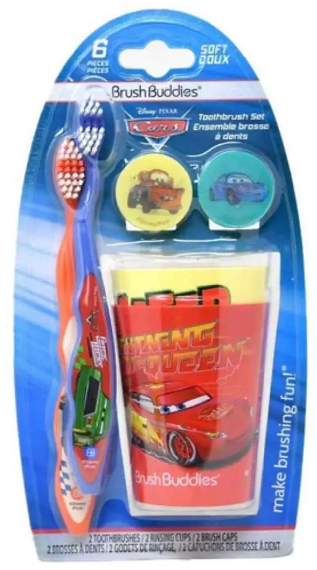 Main image of Disney Pixar Cars Toothbrush Set for Kids 6 Piece Bundle with 2 Soft Bristle Toothbrushes 2 Rinsing Cups 2 Brush Caps Ages 2+ Featuring Lightning McQueen and Mater