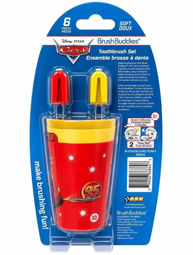 Alt view image 5 of 6 - Disney Pixar Cars Toothbrush Set for Kids 6 Piece Bundle with 2 Soft Bristle Toothbrushes 2 Rinsing Cups 2 Brush Caps Ages 2+ Featuring Lightning McQueen and Mater