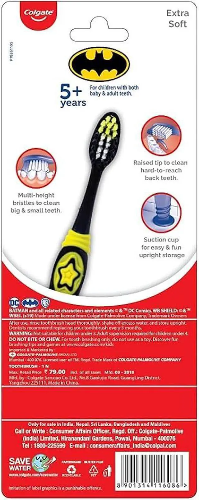 Alt view image 3 of 4 - Batman Toothbrush for Children with Suction Cup, Kids 5+ Years Old, Extra Soft, Pack of 6