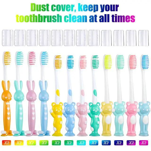 Alt view image 2 of 5 - 24 Pcs Toddler Toothbrush for Age 2 up, Kids Toothbrush Set with Covers, Soft Children Manual Brushes Bulk with Suction Cup for Upright Storage, Rabbits and Bears Brushes for Travel