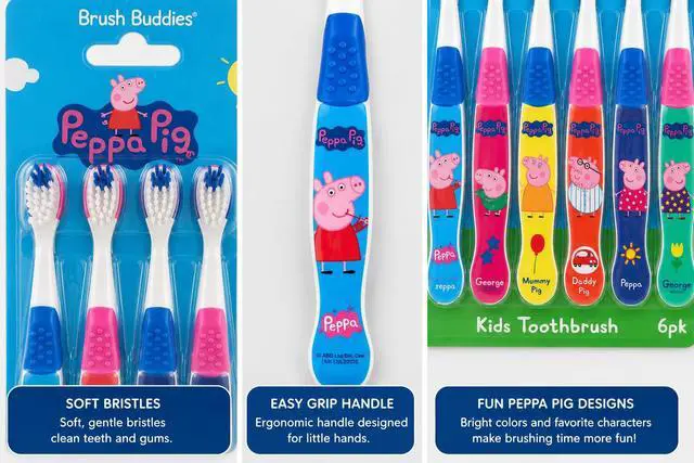 Alt view image 4 of 6 - Peppa Pig Kids Toothbrushes 6 Pack Soft Bristles Ages 2+ Peppa Pig George Pig Mummy Pig Daddy Pig Kids Toothbrush Set Small Head Easy Grip Handle Manual Oral Care