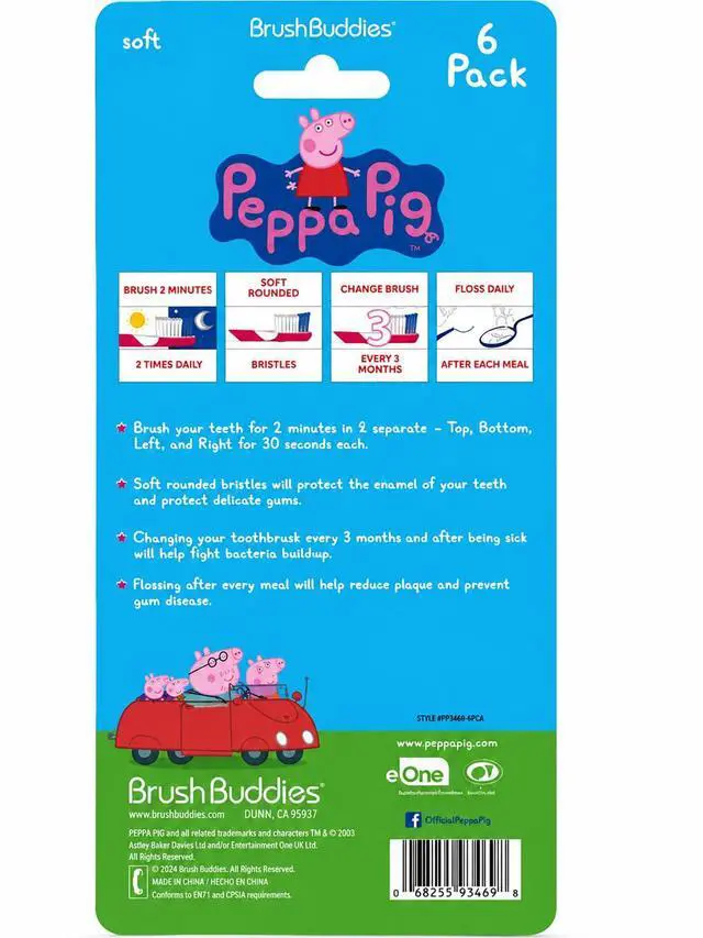 Alt view image 5 of 6 - Peppa Pig Kids Toothbrushes 6 Pack Soft Bristles Ages 2+ Peppa Pig George Pig Mummy Pig Daddy Pig Kids Toothbrush Set Small Head Easy Grip Handle Manual Oral Care