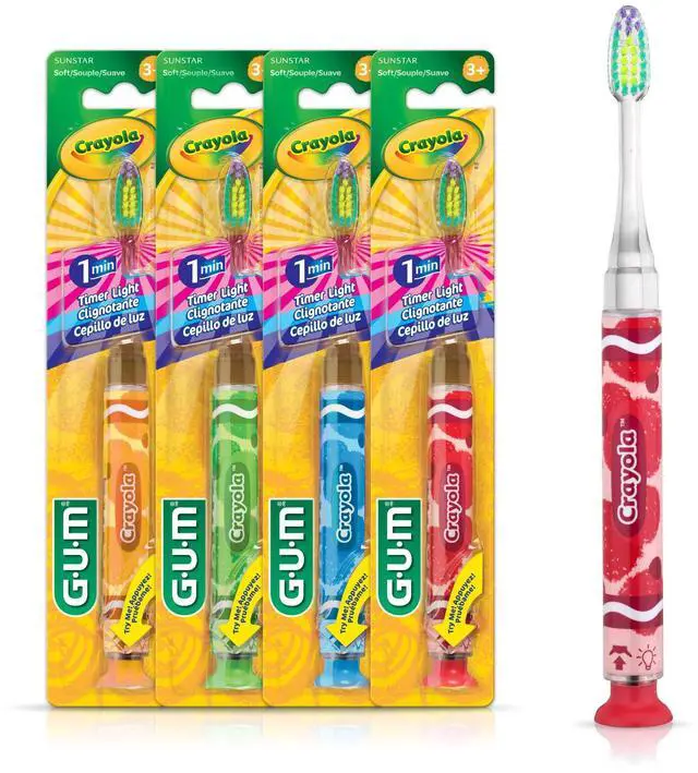 Main image of Crayola Timer Light Kids Toothbrush, Soft-Bristled Toothbrush with Suction Cup Base for Ages 3+, 1 Count (Pack of 4)