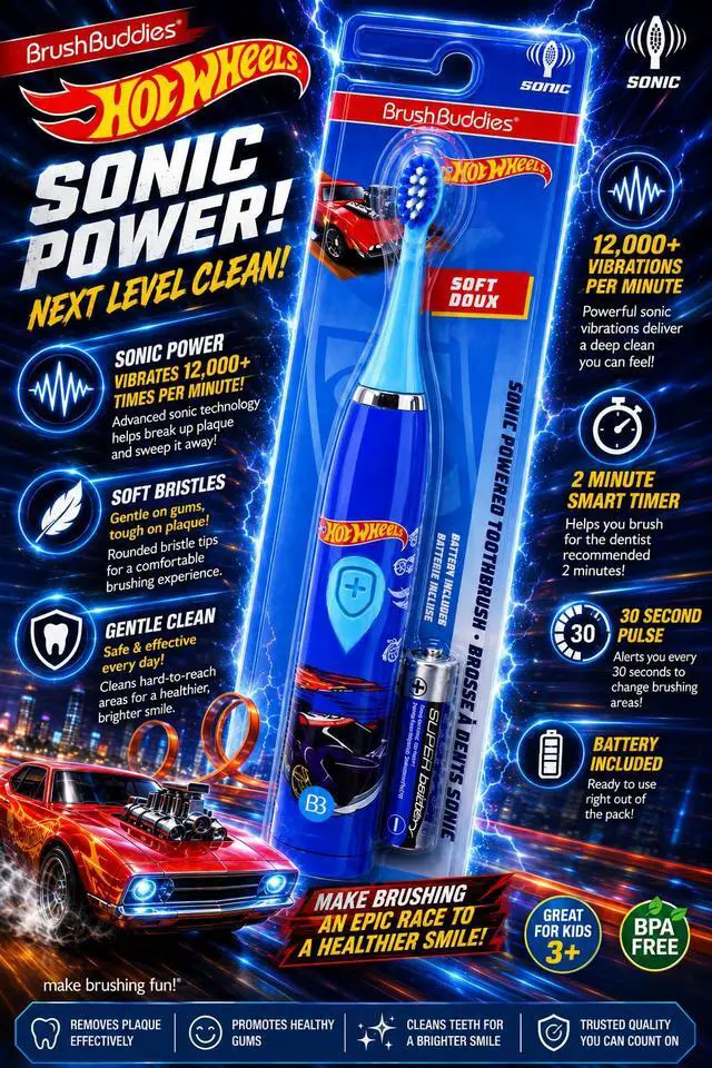 Alt view image 2 of 5 - Hot Wheels Battery Powered Sonic Electric Kids Toothbrush Soft Bristles Rounded Head Children Boys Girls Blue Gentle Cleaning Easy Grip Handle Plaque Removal Oral Care