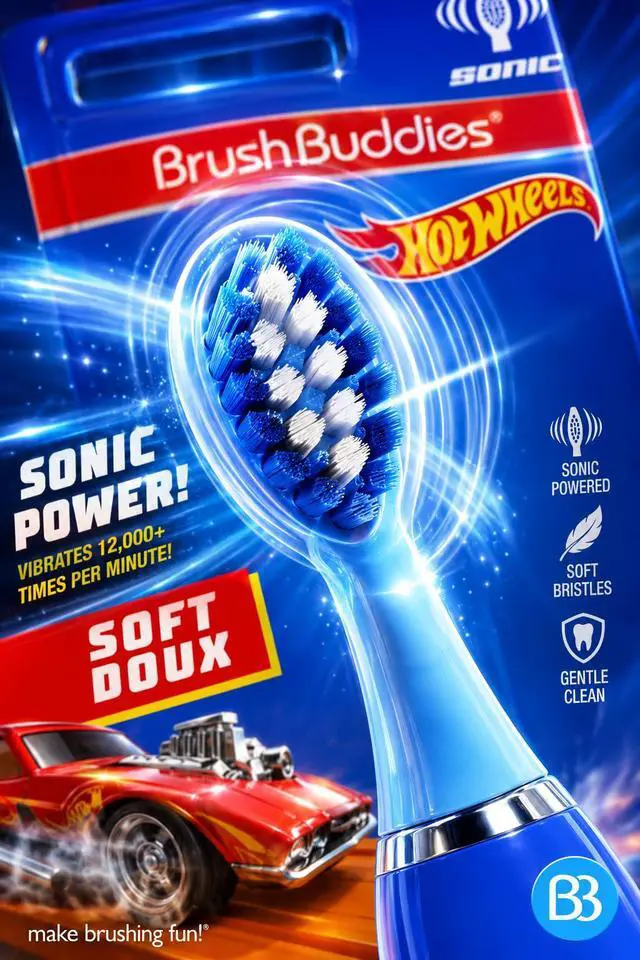 Alt view image 3 of 5 - Hot Wheels Battery Powered Sonic Electric Kids Toothbrush Soft Bristles Rounded Head Children Boys Girls Blue Gentle Cleaning Easy Grip Handle Plaque Removal Oral Care