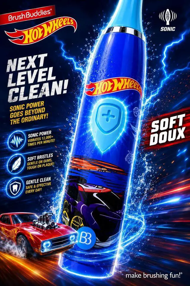 Alt view image 4 of 5 - Hot Wheels Battery Powered Sonic Electric Kids Toothbrush Soft Bristles Rounded Head Children Boys Girls Blue Gentle Cleaning Easy Grip Handle Plaque Removal Oral Care