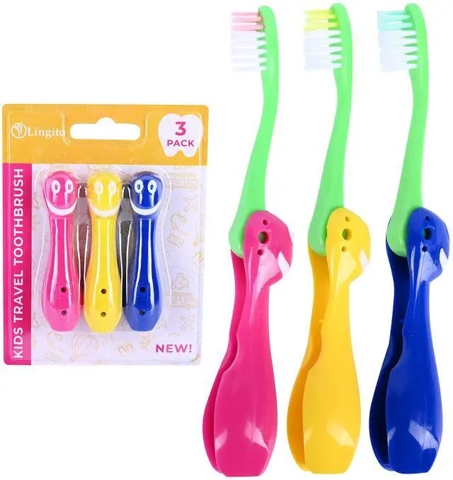 Main image of Kids' Soft Toddler Toothbrush, Gentle Bristles for Home, School, Camp, Sleepovers - Folding Handles for Tiny Hands (3 Pack)