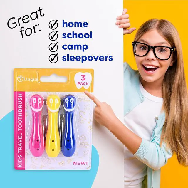 Alt view image 7 of 7 - Kids' Soft Toddler Toothbrush, Gentle Bristles for Home, School, Camp, Sleepovers - Folding Handles for Tiny Hands (3 Pack)