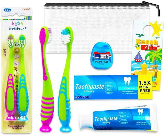 Main image of Oral Care Traveling Kit for Kids - Bundle with 2 Travel Toothbrushes, 1 Floss Pack, Toothpaste, Travel Bag, More | TSA Friendly Toothbrush Set for Boys and Girls