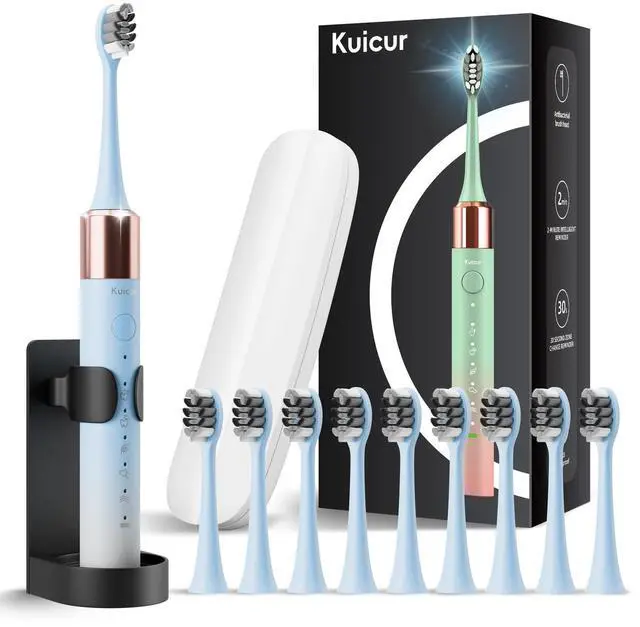 Main image of Sonic Electric Toothbrush for Adults and Kids, Comes with 10 Brush Heads & Travel Case, 5 Modes with 2 Minutes Built in Smart Timer, One Charge for 90 Days, 42,000 VPM Motor (Blue and White)