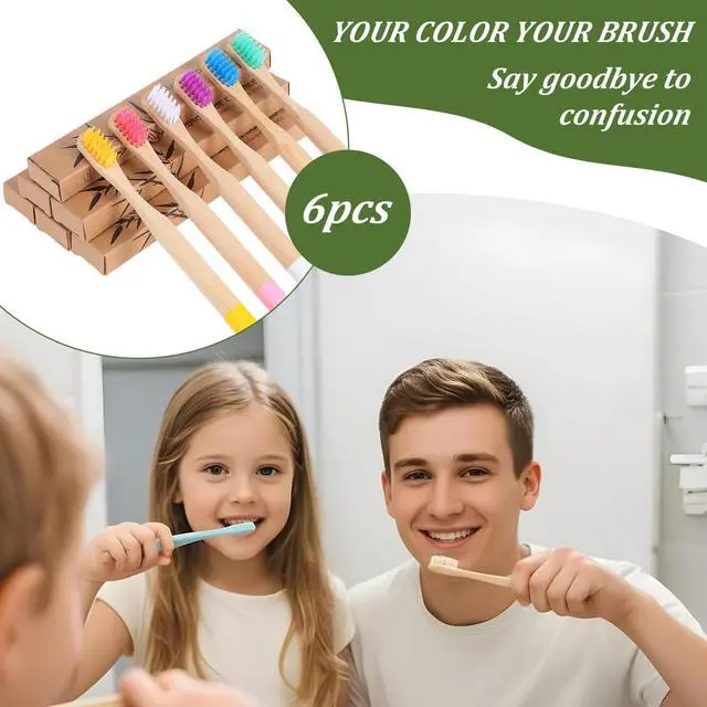 Alt view image 5 of 7 - 6 PCS Kids Bamboo Toothbrushes Soft Bristles Natural Wooden Round Handle Tooth Brush Children Toothbrush Individually Wrapped Kids Travel Toothbrushes Set Multicolor