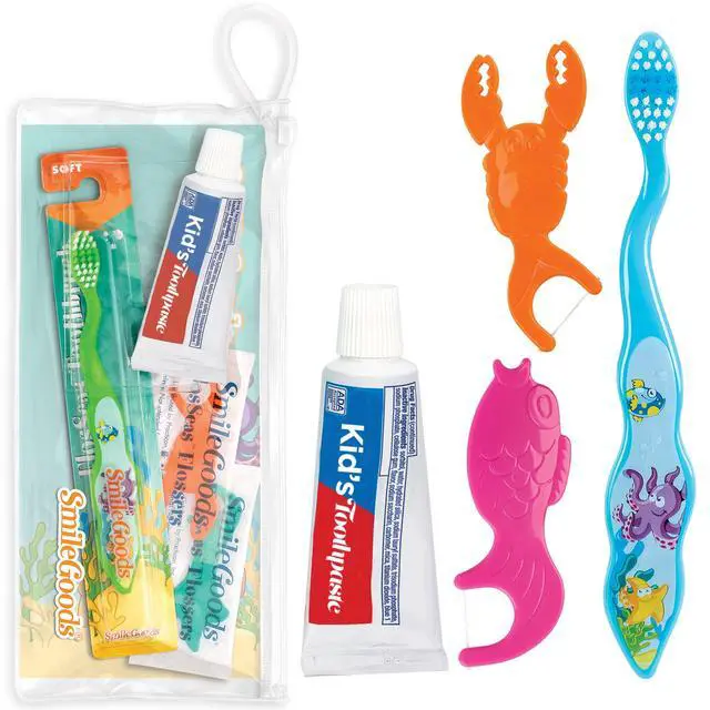 Main image of FlosSeas Child Dental Care Kit, Travel Size Bundle w/Assorted Color Toothbrush, Kids Toothpaste and Flossers, TSA Friendly Kids Oral Care Kit