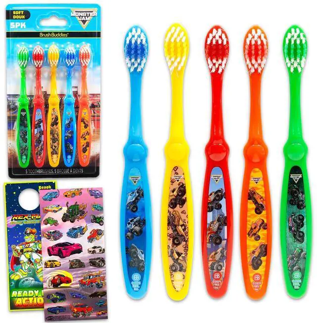 Main image of Toothbrush Set - Bundle with 5 Toothbrushes Featuring Trucks Plus Stickers, More | Mosnter Jam Oral Hygiene Kit for Kids and Toddlers
