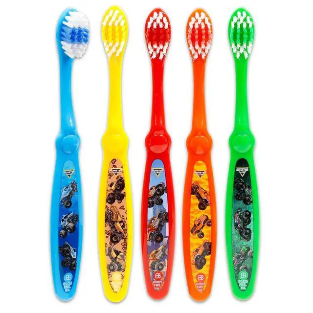 Alt view image 2 of 5 - Toothbrush Set - Bundle with 5 Toothbrushes Featuring Trucks Plus Stickers, More | Mosnter Jam Oral Hygiene Kit for Kids and Toddlers