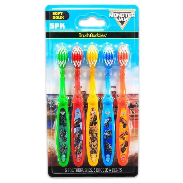 Alt view image 3 of 5 - Toothbrush Set - Bundle with 5 Toothbrushes Featuring Trucks Plus Stickers, More | Mosnter Jam Oral Hygiene Kit for Kids and Toddlers