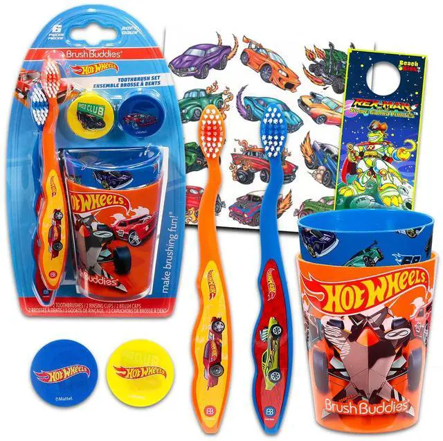 Main image of Toothbrush and Cup Set for Kids - Bundle with 2 Toothbrushes, 2 Cups, 2 Caps, Stickers, and More | Hot Wheels Dental Care for Boys, Girls