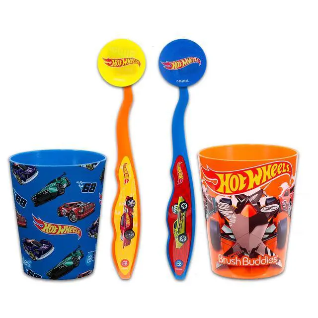 Alt view image 2 of 4 - Toothbrush and Cup Set for Kids - Bundle with 2 Toothbrushes, 2 Cups, 2 Caps, Stickers, and More | Hot Wheels Dental Care for Boys, Girls