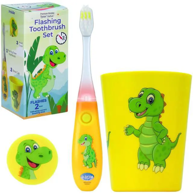 Main image of Kids Toothbrush with Flashing Timer and Soft Bristles, Rinsing Cup & Cover - Fun 2-Min Light-Up Timer for Children - Toddler Soft Toothbrush Kit (Dinosaur)