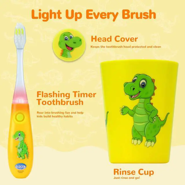 Alt view image 2 of 6 - Kids Toothbrush with Flashing Timer and Soft Bristles, Rinsing Cup & Cover - Fun 2-Min Light-Up Timer for Children - Toddler Soft Toothbrush Kit (Dinosaur)