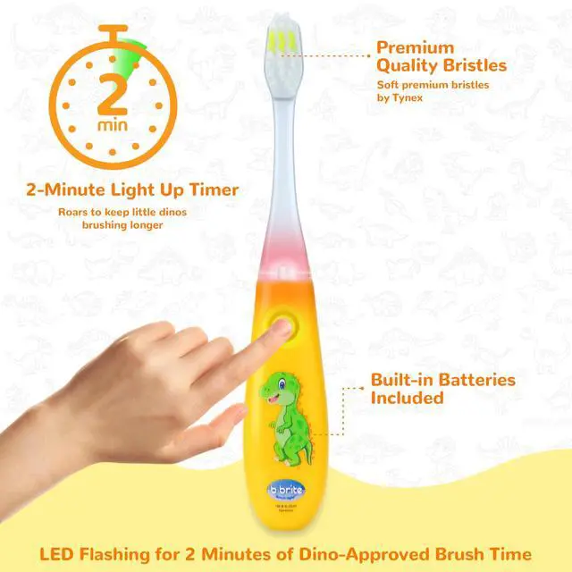 Alt view image 3 of 6 - Kids Toothbrush with Flashing Timer and Soft Bristles, Rinsing Cup & Cover - Fun 2-Min Light-Up Timer for Children - Toddler Soft Toothbrush Kit (Dinosaur)