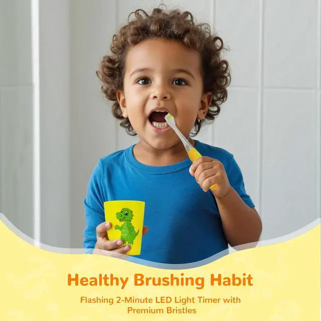 Alt view image 5 of 6 - Kids Toothbrush with Flashing Timer and Soft Bristles, Rinsing Cup & Cover - Fun 2-Min Light-Up Timer for Children - Toddler Soft Toothbrush Kit (Dinosaur)