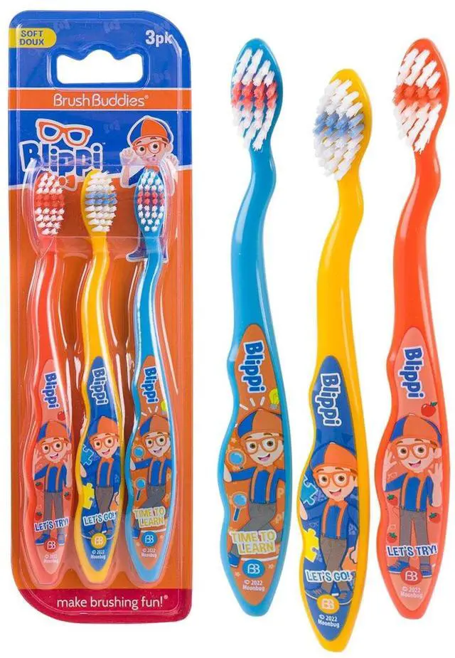 Main image of Blippi Kids Toothbrushes 3 Pack, Soft Bristles for Toddlers Ages 2+, Easy Grip Handles, Blue Yellow Orange Toothbrush Set, Fun Blippi Design, Kids Oral Care