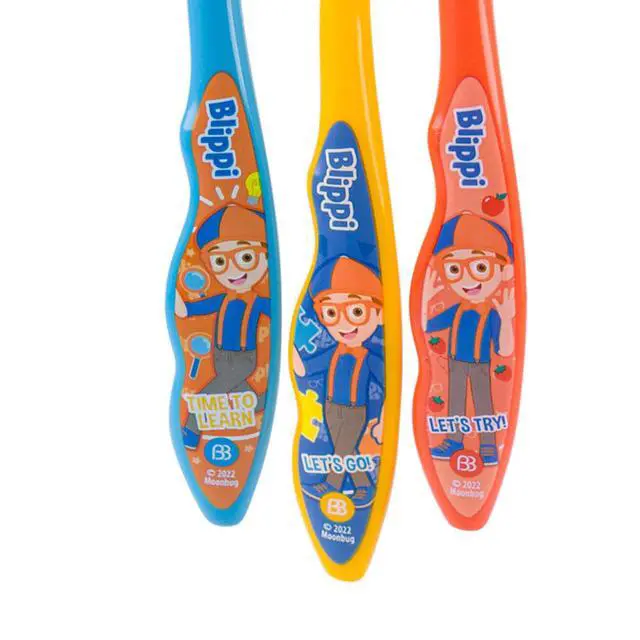 Alt view image 2 of 7 - Blippi Kids Toothbrushes 3 Pack, Soft Bristles for Toddlers Ages 2+, Easy Grip Handles, Blue Yellow Orange Toothbrush Set, Fun Blippi Design, Kids Oral Care