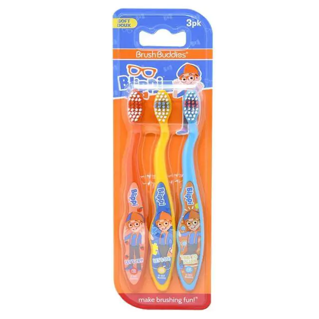 Alt view image 4 of 7 - Blippi Kids Toothbrushes 3 Pack, Soft Bristles for Toddlers Ages 2+, Easy Grip Handles, Blue Yellow Orange Toothbrush Set, Fun Blippi Design, Kids Oral Care