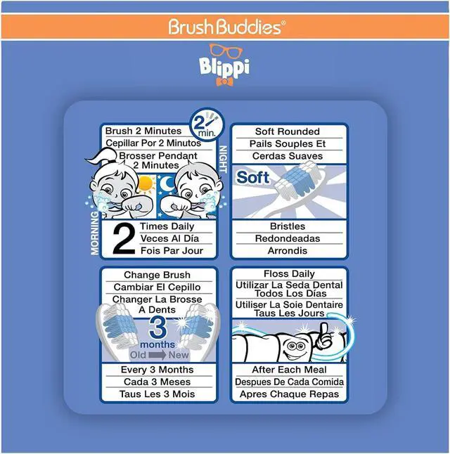 Alt view image 6 of 7 - Blippi Kids Toothbrushes 3 Pack, Soft Bristles for Toddlers Ages 2+, Easy Grip Handles, Blue Yellow Orange Toothbrush Set, Fun Blippi Design, Kids Oral Care