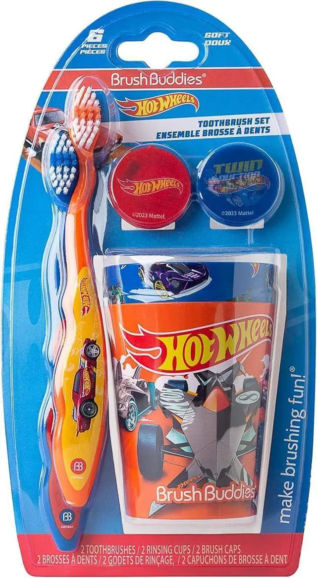 Main image of Hot Wheels Kids Toothbrush Kit for Toddlers Ages 2+ Manual Toothbrushes with Soft Bristles Travel Toothbrush Set with Covers and Rinsing Cups Kids Oral Care Bathroom Set 6 Piece Set