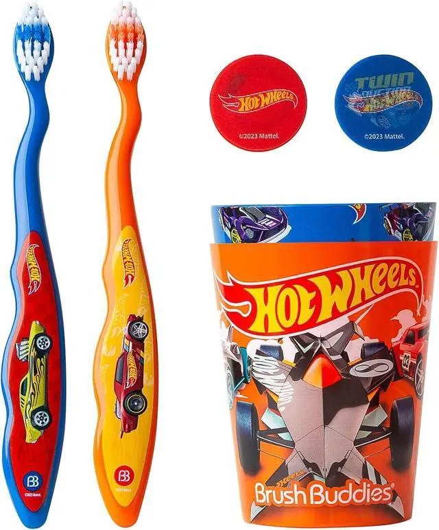 Alt view image 2 of 6 - Hot Wheels Kids Toothbrush Kit for Toddlers Ages 2+ Manual Toothbrushes with Soft Bristles Travel Toothbrush Set with Covers and Rinsing Cups Kids Oral Care Bathroom Set 6 Piece Set