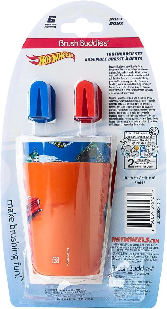 Alt view image 6 of 6 - Hot Wheels Kids Toothbrush Kit for Toddlers Ages 2+ Manual Toothbrushes with Soft Bristles Travel Toothbrush Set with Covers and Rinsing Cups Kids Oral Care Bathroom Set 6 Piece Set