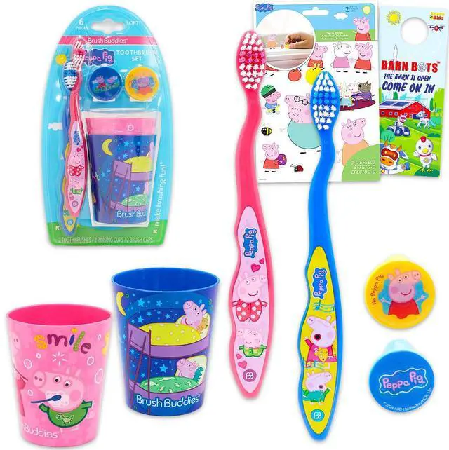 Main image of Toothbrush and Cup Travel Kit for Kids - Bundle with 2 Toothbrushes, 2 Rinsing Cups, 2 Covers, Stickers, and More for Girls, Toddlers | Toothbrush Set (Styles May Vary)
