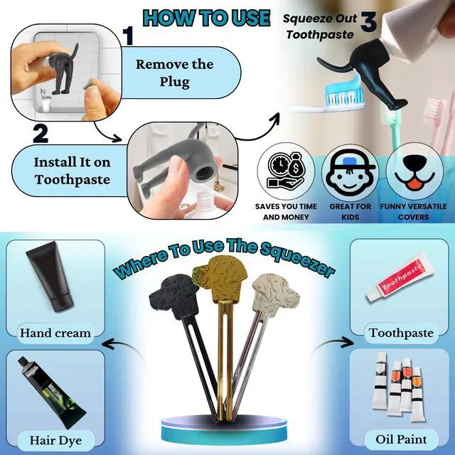 Alt view image 5 of 7 - 6-Piece Set 3 Funny Dog Toothpaste Caps (Silicone Material) + 3 Pcs Squeezer Toothpaste Tubes, Metal Tube Squeezer | Ideal for Toothpaste/Cream | Funny Gifts & Bathroom Accessories