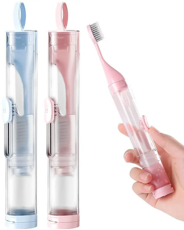 Main image of 2 Pcs Travel Toothbrush Kit Fold Built-in Set, Soft Bristles for Travel Camping School Business Trip Essential (Blue, Pink)