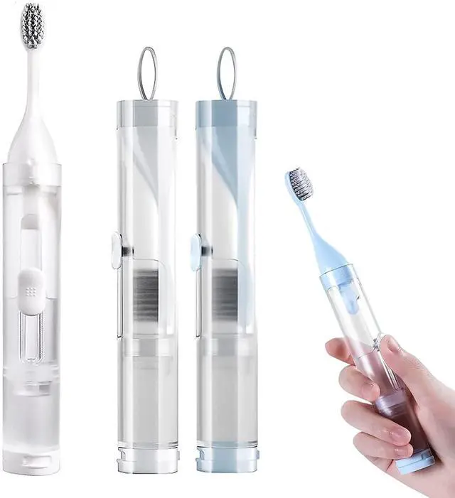 Main image of 2Pcs Travel Toothbrushes Kit Fold Travel Size Toothbrushes Built-in Toothpaste Container, Including 2 Cleaner Head Soft Bristles for Camping, School, Business Trip (Blue, White)