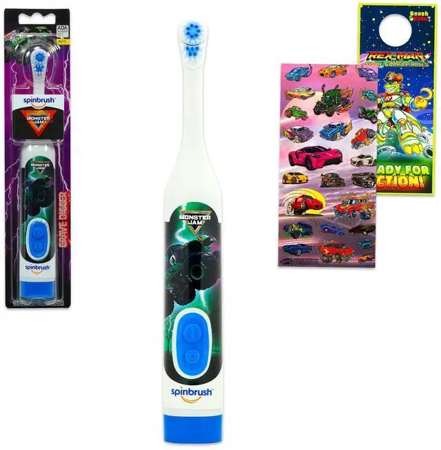 Main image of Oral Care Traveling Kit for Kids - Bundle with Grave Digger Electric Toothbrush Plus Stickers and More for Boys, Toddlers | Monster Jam Toothbrush Set