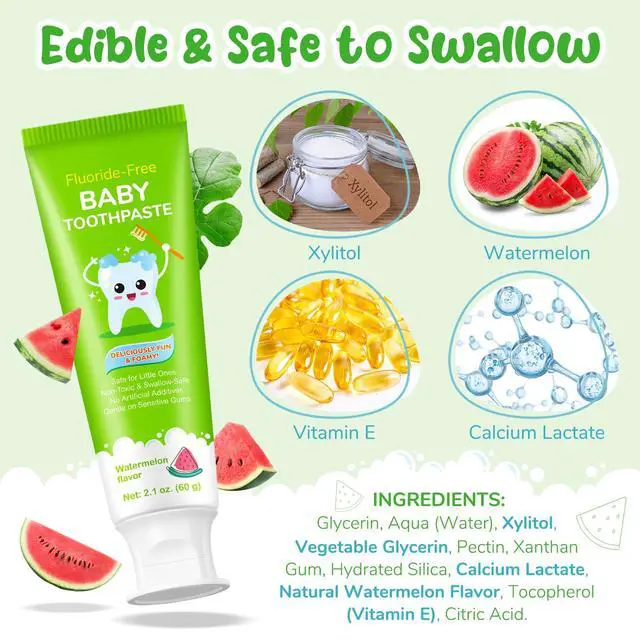 Alt view image 2 of 7 - Fluoride-Free Baby Toothpaste for Ages 2-3 Natural Fruit-Flavored Mild Formula Pea-Sized Amount for Developing Teeth 2.1 oz (60g) (1 Pack, Watermelon)