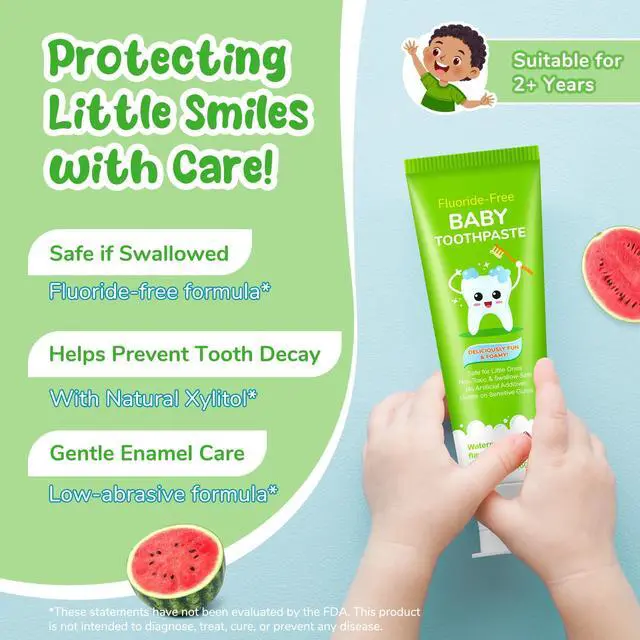 Alt view image 5 of 7 - Fluoride-Free Baby Toothpaste for Ages 2-3 Natural Fruit-Flavored Mild Formula Pea-Sized Amount for Developing Teeth 2.1 oz (60g) (1 Pack, Watermelon)