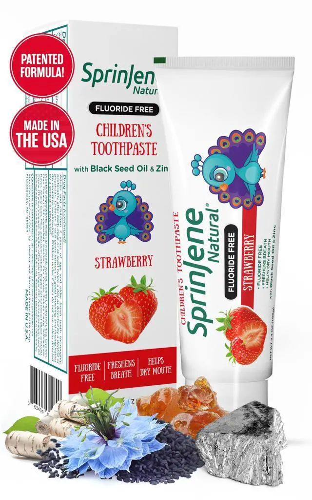 Main image of Natural Childrens Toothpaste Fluoride Free Strawberry Toothpaste for Toddlers & Kids Gentle Safe Natural Formula with Patented Black Seed Oil & Zinc Made in the USA (1 Pack)